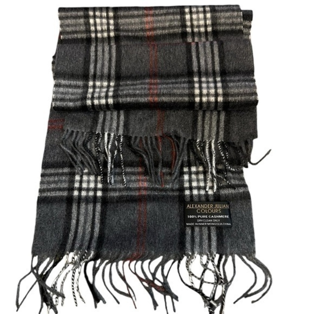 NWOT ALEXANDER JULIAN COLOURS 100% Cashmere Gray Black & Red Scarf